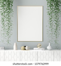 Mock up poster frame in home interior background, Scandinavian style, 3D render