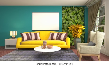 mock up poster frame in interior background. 3D Illustration.