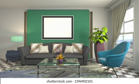mock up poster frame in interior background. 3D Illustration. - Shutterstock ID 1596902101