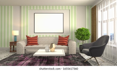 mock up poster frame in interior background. 3D Illustration.