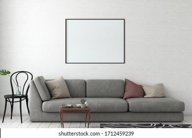 Mock up poster frame in interior background, living room, Scandinavian style, 3d render. 3D illustration