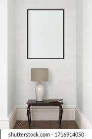 Mock up poster frame in interior background, living room, Scandinavian style, 3d render. 3D illustration. 