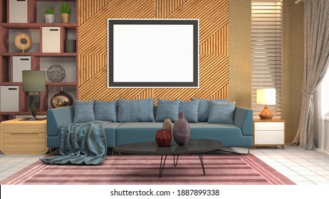 mock up poster frame in interior background. 3D Illustration.
