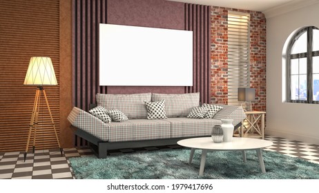mock up poster frame in interior background. 3D Illustration.