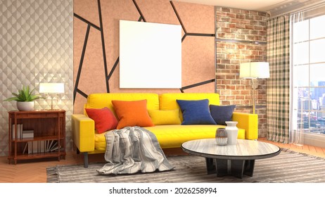 mock up poster frame in interior background. 3D Illustration.
