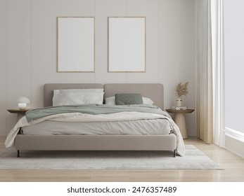 mock up poster frame in interior background, bed room. 3D render, 3D illustration