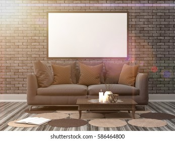 mock up poster frame in interior background. 3D Illustration