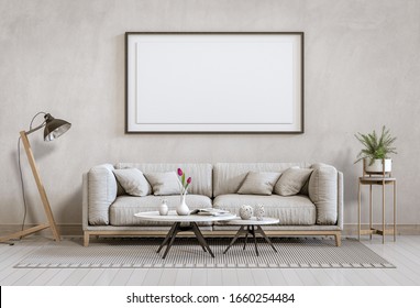 Mock Up Poster Frame Interior Living Room Background, 3D Render