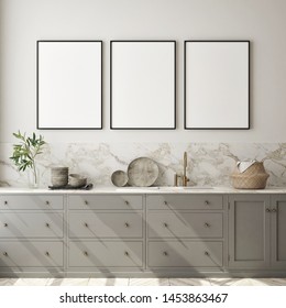 mock up poster frame in kitchen interior background, Scandinavian style, 3D