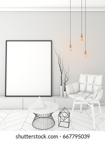 mock up poster frame in light interior background, modern style, 3D render, 3D illustration, 3D viz