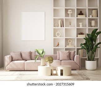 mock up poster frame in modern home interior background, living room, luxury style, 3D render, 3D illustration