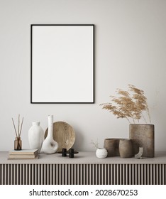 mock up poster frame in modern home interior background, living room, minimalistic style, 3D render, 3D illustration