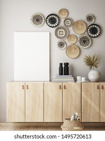 mock up poster frame in modern interior background with wall baskets, living room, boho style, 3D render, 3D illustration