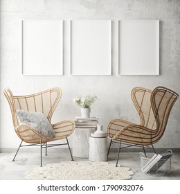 mock up poster frame in modern interior background, living room, Scandinavian style, 3D render, 3D illustration