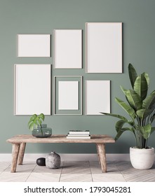 Mock Up Poster Frame In Modern Interior Background, Gallery Wall In Green Living Room, Scandinavian Boho Style, 3d Render, 3d Illustration