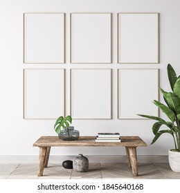 Mock Up Poster Frame In Modern Interior Background, Gallery Wall In Gray Living Room, Scandinavian Boho Style, 3d Render, 3d Illustration