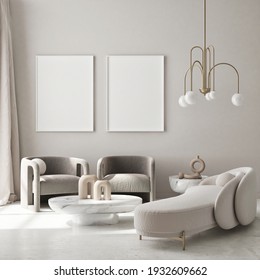 Mock Up Poster Frame In Modern Interior Background, Living Room, Art Deco Style, 3D Render, 3D Illustration
