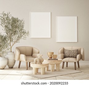 Mock Up Poster Frame In Modern Interior Background, Living Room, Mediterranean Style, 3D Render, 3D Illustration