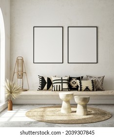 mock up poster frame in modern interior background, living room, Boho - Scandinavian style, 3D render, 3D illustration