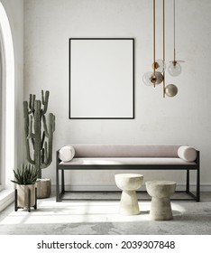 mock up poster frame in modern interior background, living room, Boho - Scandinavian style, 3D render, 3D illustration