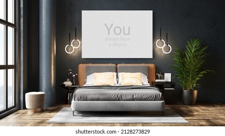 Mock Up Poster Frame In Modern Interior Background, Bedroom, Boho - Scandinavian Style, 3D Render, 3D Illustration