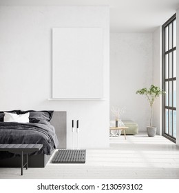 Mock Up Poster Frame In Modern Interior Background, Bedroom, Boho - Scandinavian Style, 3D Render, 3D Illustration