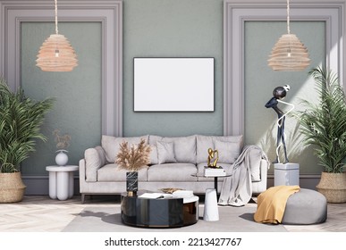 Mock Up Poster Frame In Modern Interior Fully Furnished Rooms Background, Living Room, Transitional Interior Design Style, For Text Message Or Content. 3D Rendering,  3D Illustration