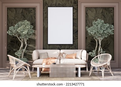 Mock Up Poster Frame In Modern Interior Fully Furnished Rooms Background, Living Room, Transitional Interior Design Style, For Text Message Or Content. 3D Rendering,  3D Illustration