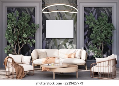 Mock Up Poster Frame In Modern Interior Fully Furnished Rooms Background, Living Room, Transitional Interior Design  Style, For Text Message Or Content. 3D Rendering,  3D Illustration