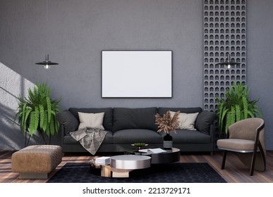 Mock Up Poster Frame In Modern Interior Fully Furnished Rooms Background, Living Room, Transitional Interior Design Style, For Text Message Or Content. 3D Rendering,  3D Illustration