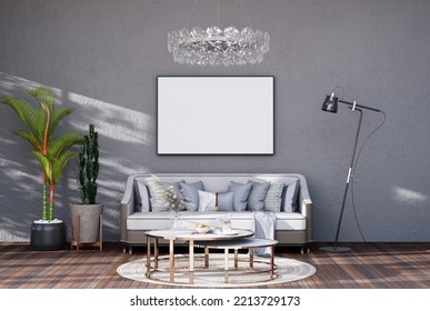 Mock Up Poster Frame In Modern Interior Fully Furnished Rooms Background, Living Room, Transitional Interior Design Style, For Text Message Or Content. 3D Rendering,  3D Illustration