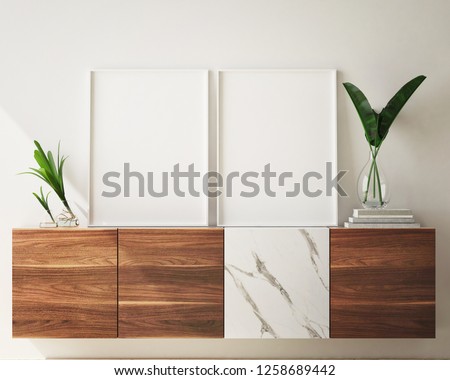 mock up poster frame in modern interior background, living room, Scandinavian style, 3D render, 3D illustration
