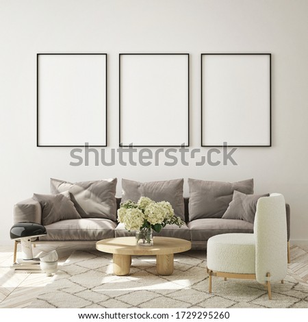 mock up poster frame in modern interior background, living room, Scandinavian style, 3D render, 3D illustration