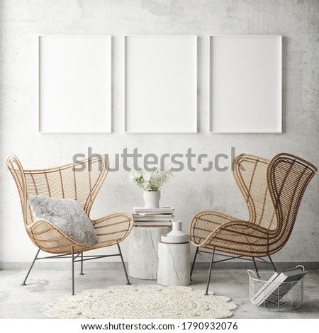 mock up poster frame in modern interior background, living room, Scandinavian style, 3D render, 3D illustration