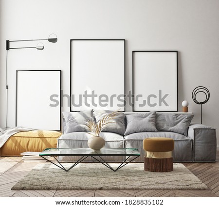 mock up poster frame in modern interior background, living room, Scandinavian style, 3D render, 3D illustration