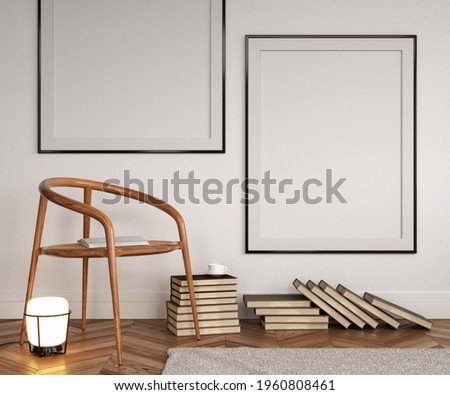 mock up poster frame in modern interior background, living room, Scandinavian style, 3D render, 3D illustration