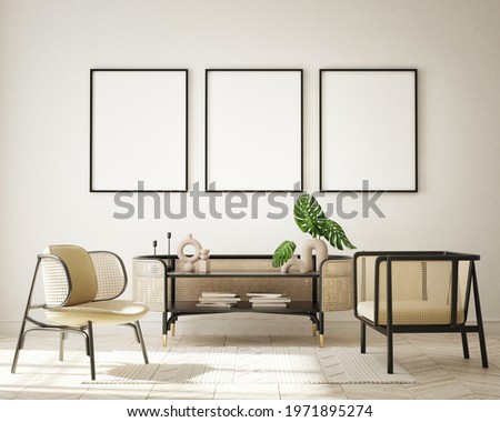 mock up poster frame in modern interior background, living room, minimalistic style, 3D render, 3D illustration