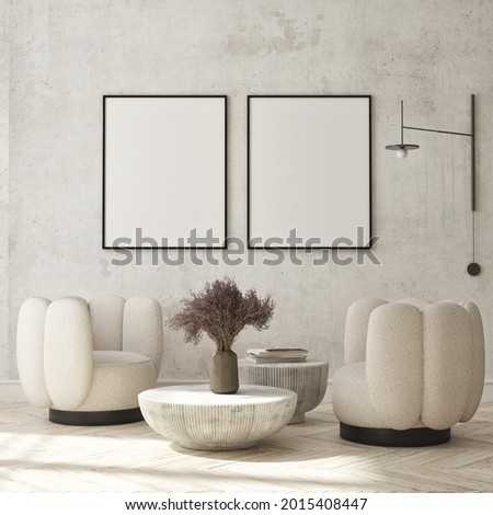 mock up poster frame in modern interior background, living room, minimalistic style, 3D render, 3D illustration