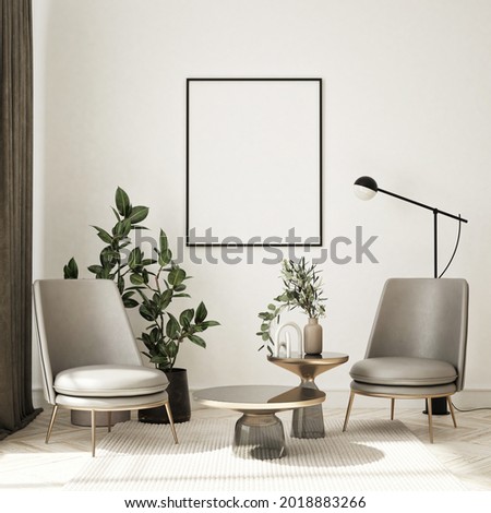 mock up poster frame in modern interior background, living room, minimalistic style, 3D render, 3D illustration