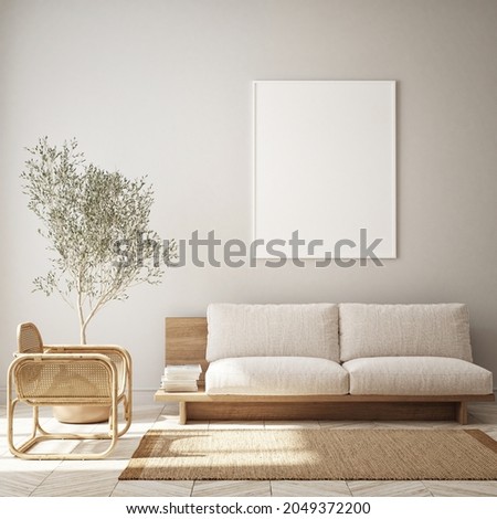 mock up poster frame in modern interior background, living room, Scandinavian style, 3D render, 3D illustration