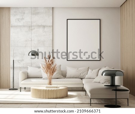 mock up poster frame in modern interior background, living room, Scandinavian style, 3D render, 3D illustration
