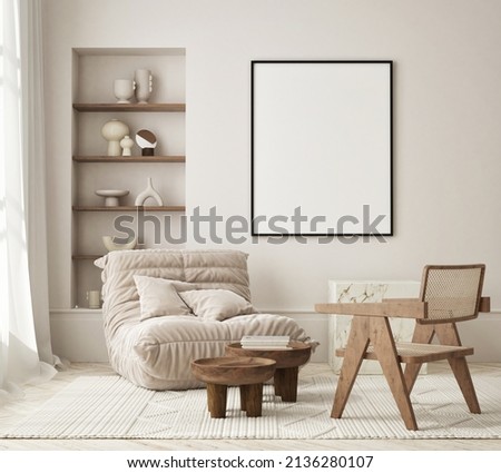 mock up poster frame in modern interior background, living room, Scandinavian style, 3D render, 3D illustration