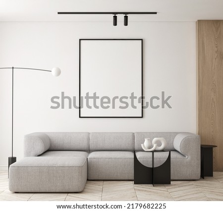 mock up poster frame in modern interior background, living room, Scandinavian style, 3D render, 3D illustration