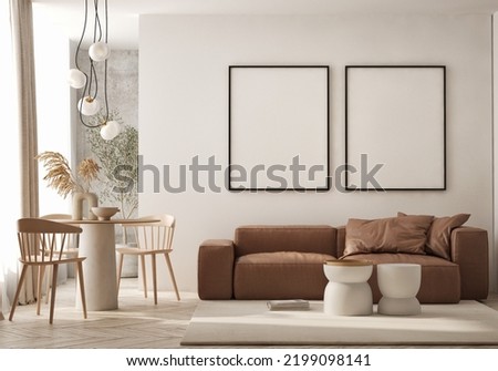mock up poster frame in modern interior background, living room, Scandinavian style, 3D render, 3D illustration