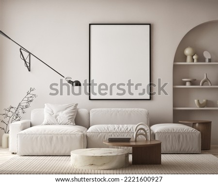 mock up poster frame in modern interior background, interior space, living room, Contemporary style, 3D render, 3D illustration