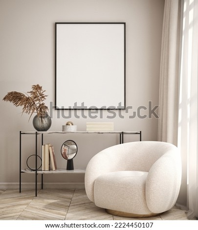 mock up poster frame in modern interior background, interior space, living room, Contemporary style, 3D render, 3D illustration