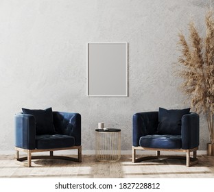 Mock up poster frame in modern living room interior background, lobby concept, two dark blue armchairs with gold coffee table on wooden floor and gray decorative plaster wall, luxury, 3d rendering