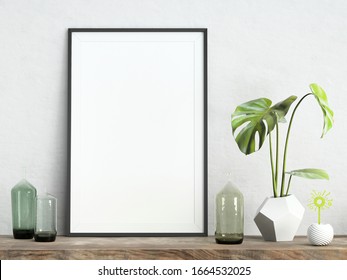 Mock up poster frame on white plaster wall with monstera plant, digital flower and vases on wooden shelf; 3D rendering, 3D illustration