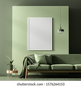 Mock Up Poster Frame In Scandinavian Style Interior With Modern Furnitures. Minimalist Interior Design. 3D Illustration.