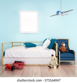 Mock up poster frame in toddler boy's room. 3D render, 3D illustration with room for text or copy space.